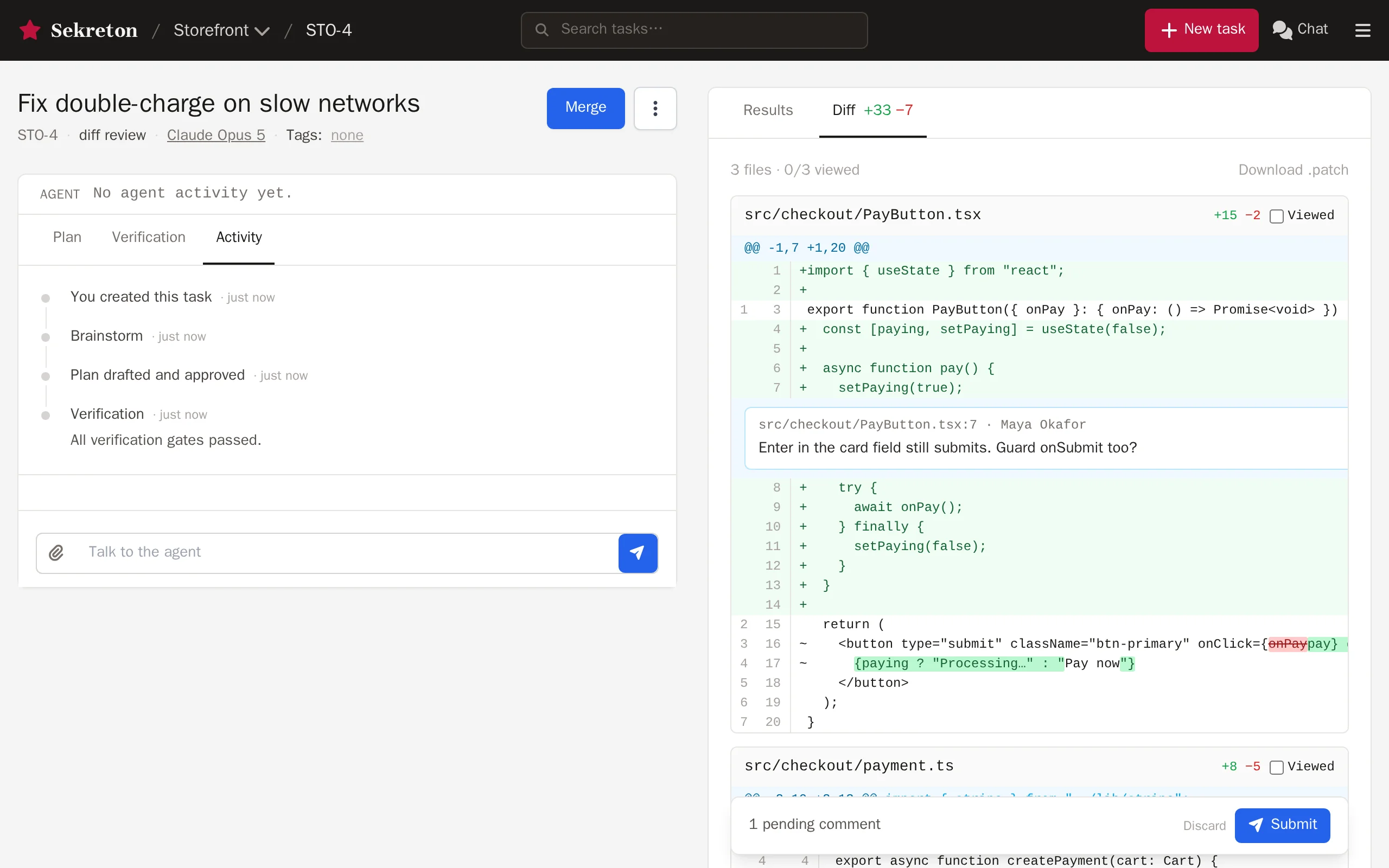 Sekreton’s diff review: the checkout fix with its verification gates passed, a reviewer’s inline comment and a Merge button