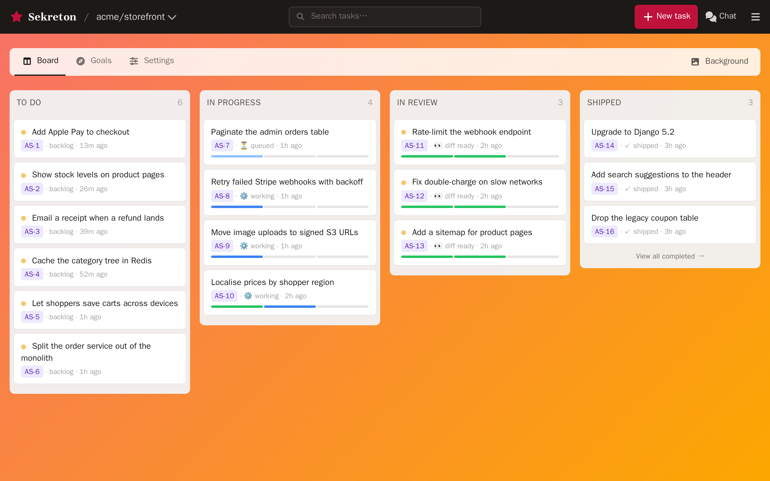 A team board in Sekreton, painted with a custom background, with tasks moving from To Do to Done